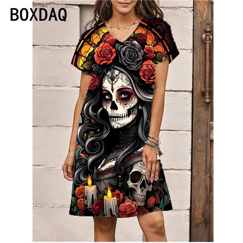 3D Rose Floral Skull Printed Dress Women Summer Short Sleeve V-Neck Casual Knee-length Dress New Female Dress Vestidos