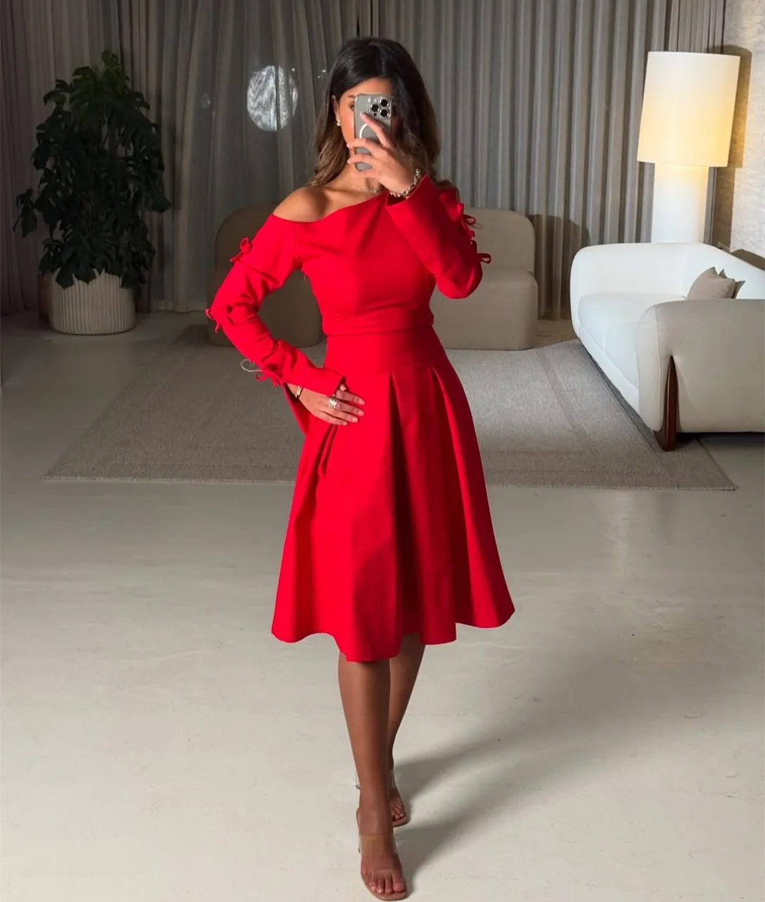 

Customized Short Crepe Evening Dresses with Bow A-Line Long Sleeve حزب اللباس Zipper Tea Length Prom Dresses for Women