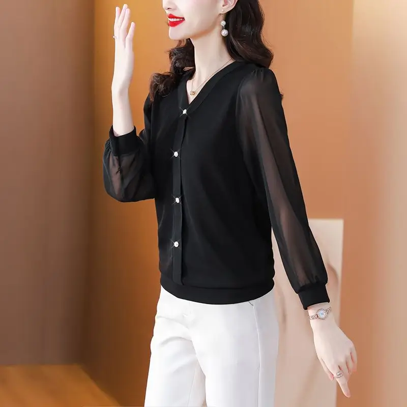 Korean Women Spring Summer Long Sleeve Chiffon Shirt Black V-neck Loose Fashion Casual Versatile Office Lady Elegant Blouse 2023