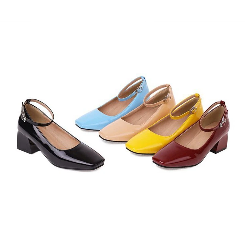 REAVE CAT Ankle Strap Shoes Toe Med Heel Patent Leather Office Lady Daily Party Pumps Many Colors 28-52 B2655