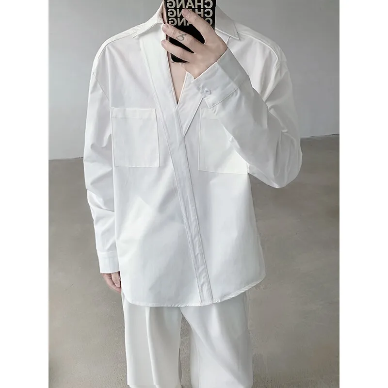 Korean Stylish V-neck Chic Button Blouses Front Pocket Harajuku Men\'s Solid Long Sleeve Turn-down Collar Shirt White/Black