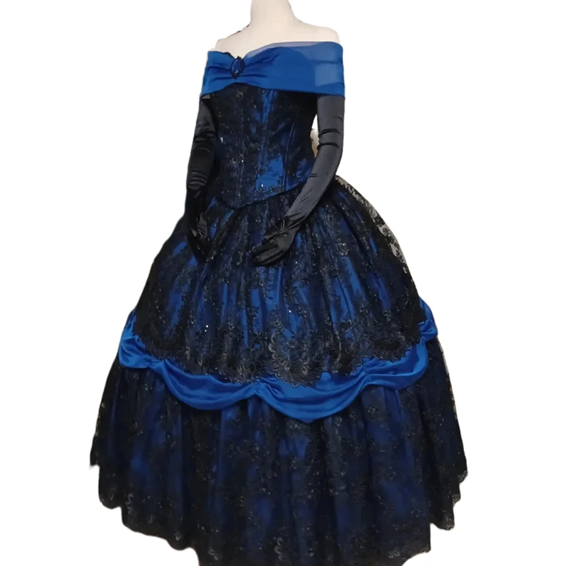 Vestido de noche gótico de encaje hasta el suelo, vestido de fiesta de princesa con hombros descubiertos, negro y azul real, ropa Formal Vintage personalizada