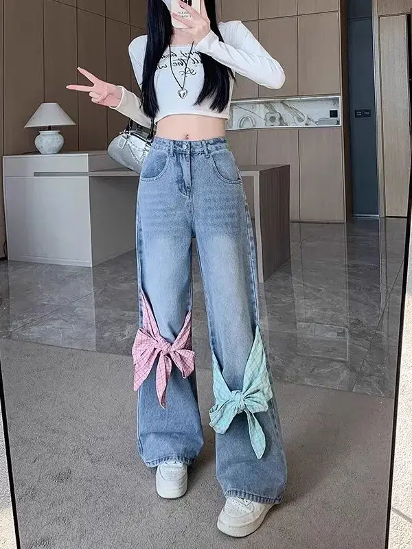 

American Retro Gothic Plaid Patchwork Jeans Women Vintage Bow Tie Y2k Streetwear Wide Leg Denim Pants High Waisted Trousers