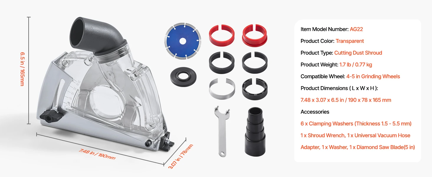 SucceBuy Cutting Dust Shroud for Angle Grinders Universal 4-5 in Angle with 6 Clamping Washers & 5 in Diamond Grinding Cup Wheel