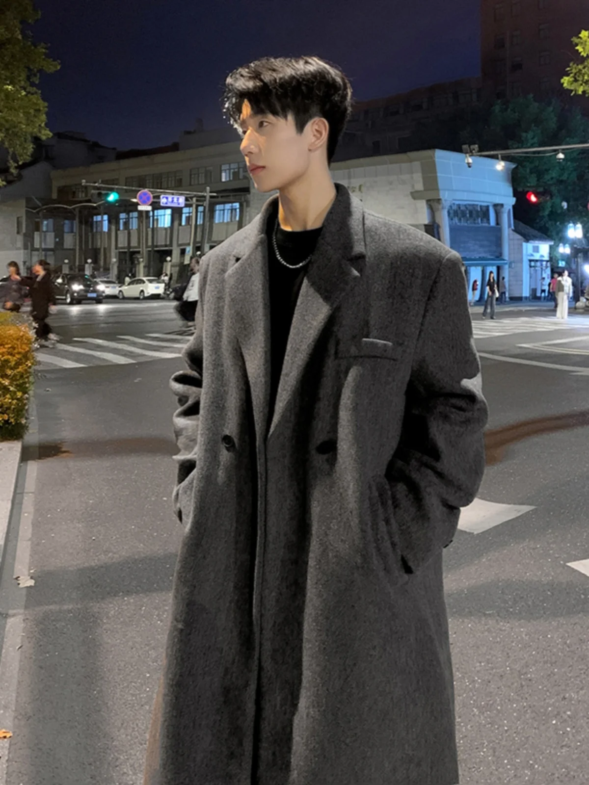 

elby ey Woolen Coat Men's Thiened Autumn Winter Suit Mid-Length Knee-Over Windbreaker Korean Sle Woolen Outerwear
