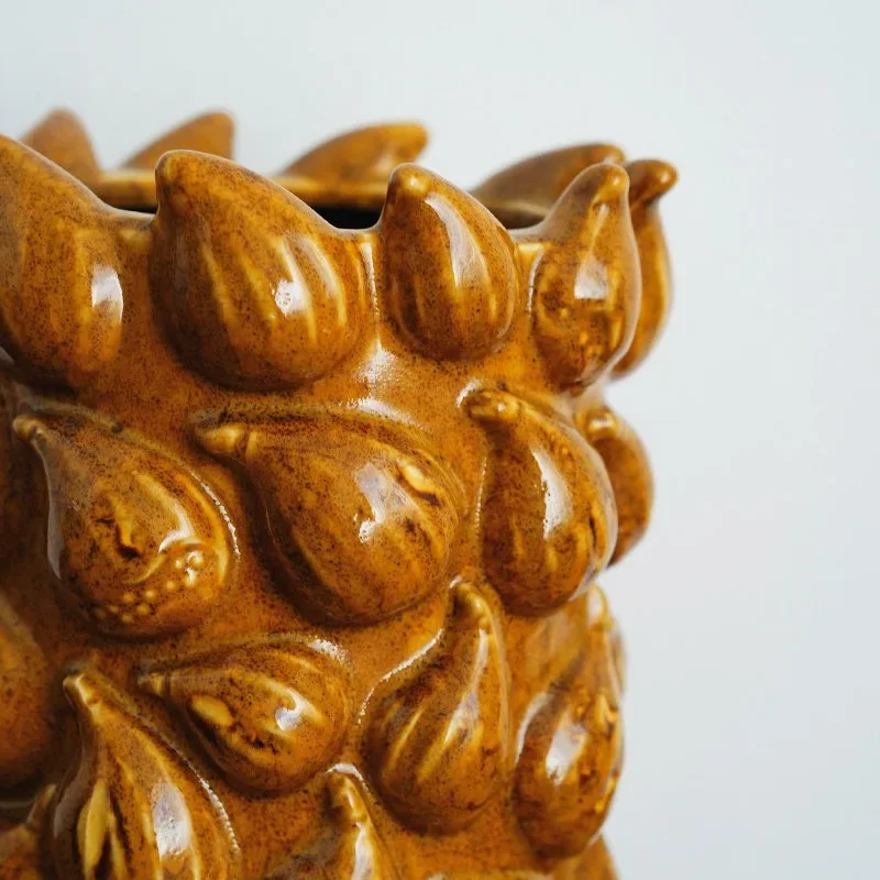 Vintage Caramel Fig Relief Ceramic Vase, Retro Floral Sculpted Flower Vessel for Boho Home Decor, Centerpiece for Living Room