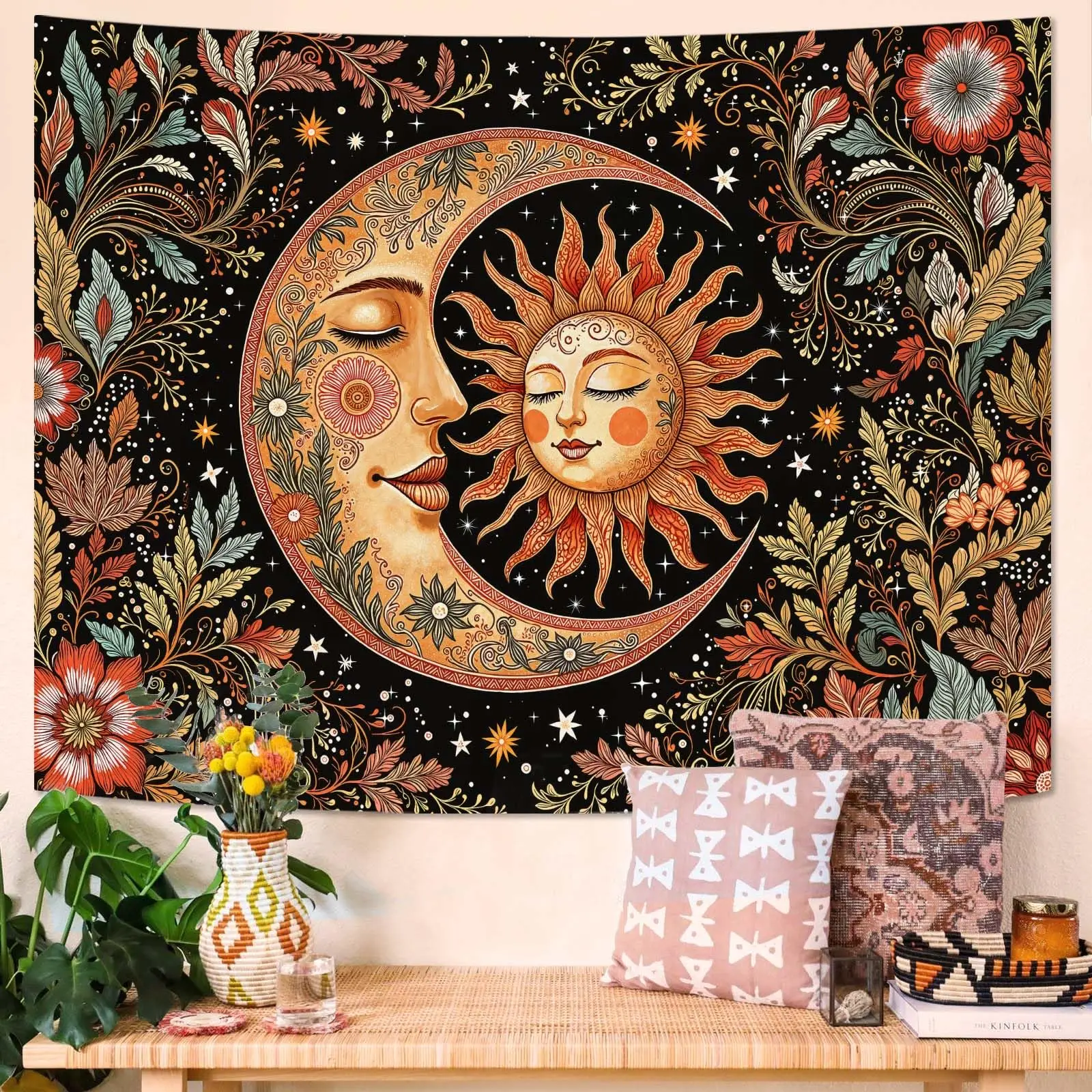 1PC Boho Sun Moon Floral Brown Red Print Tapestry, Boho Style, Bedroom Living Room Kitchen Wall Hanging, Polyester, Wall Art
