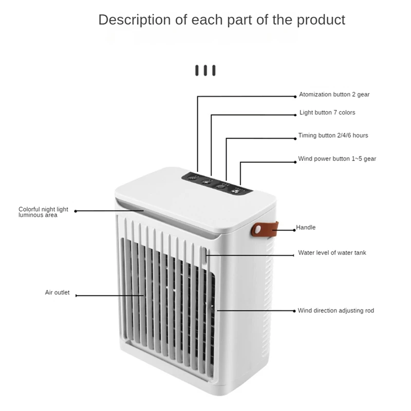 مكيفات الهواء المحمولة مبرد الهواء المرطب مع 5 سرعات 7 ألوان ضوء مروحة مكيف الهواء الشخصية لمكتب الغرفة