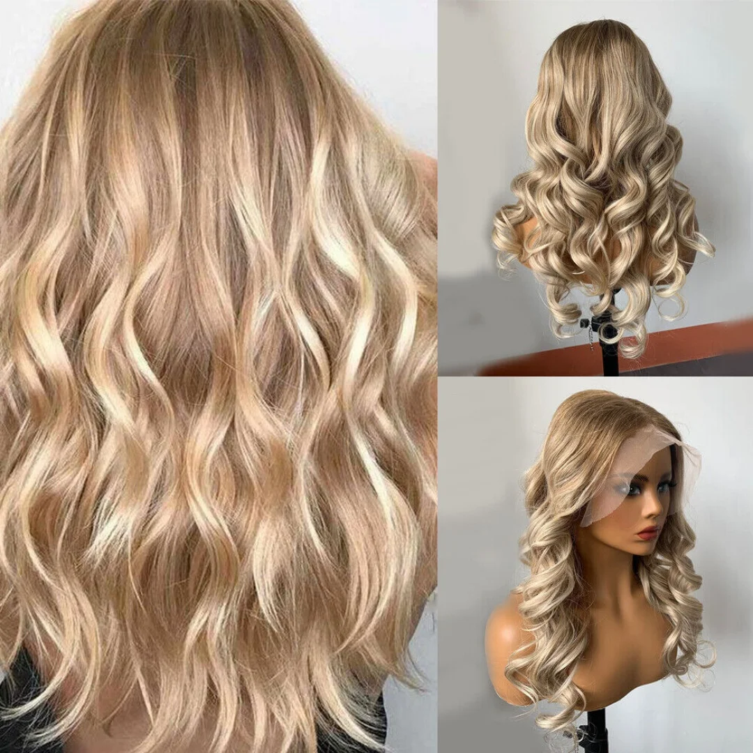 Mixed Golden Blonde 13x4 HD Lace Front Wig Glueless Synthetic Loose Wave Top Wigs with Dark Roots for Daily Party Use