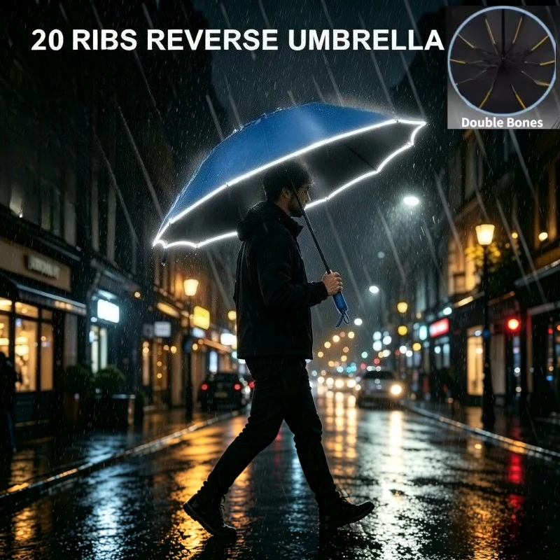 20-Rippen Vollautomatischer Umkehr-Faltschirm mit Windfestem Reflektorstreifen UV-Schutz Regenschirm