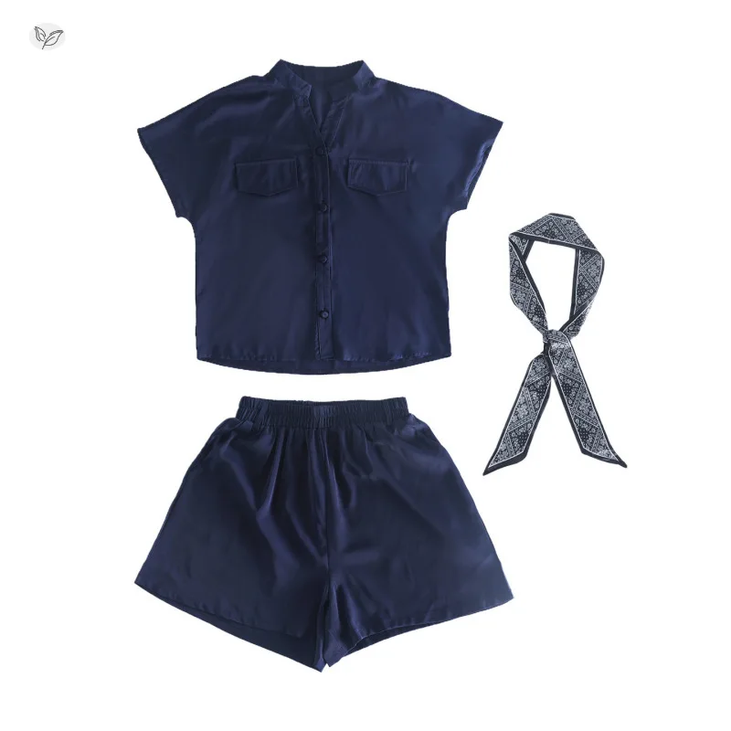 Girls' Chiffon Set Summer New Style 4-14 Year Old Korean V-neck Shirt T-shirt Three Leg Pants Shorts Two Piece Set 5