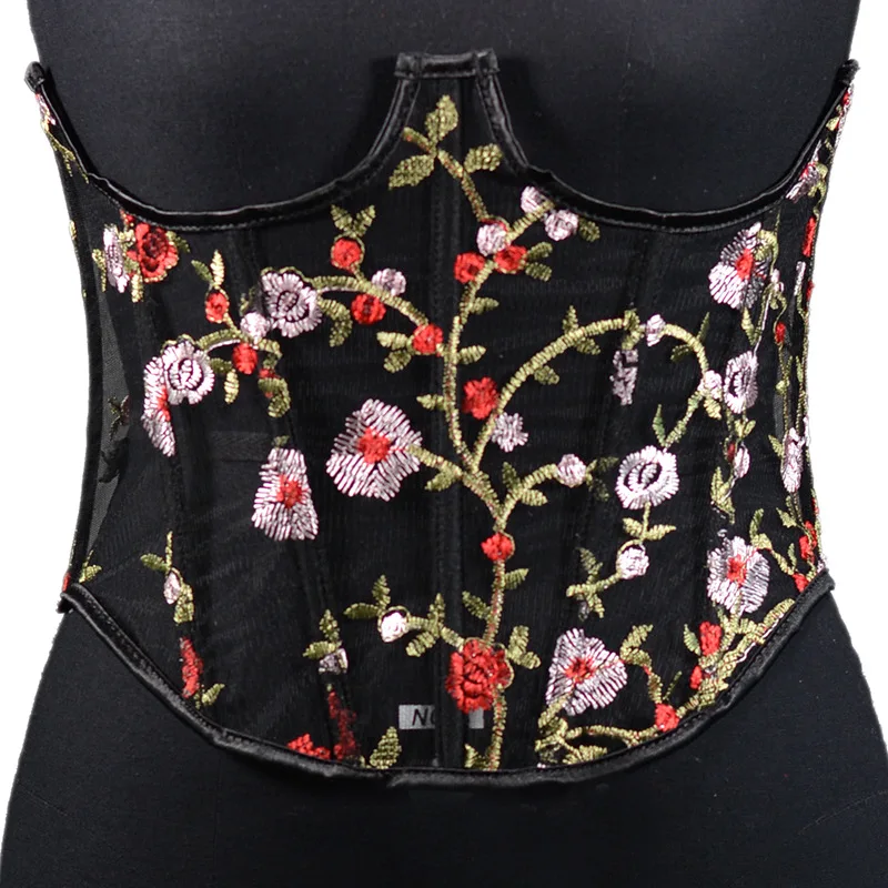 Embroidery Floral Corset Waist Trainer Mesh Transperant Underbust Bustier Top Curve Shaper Strap Slimming Cincher Girdle Korse