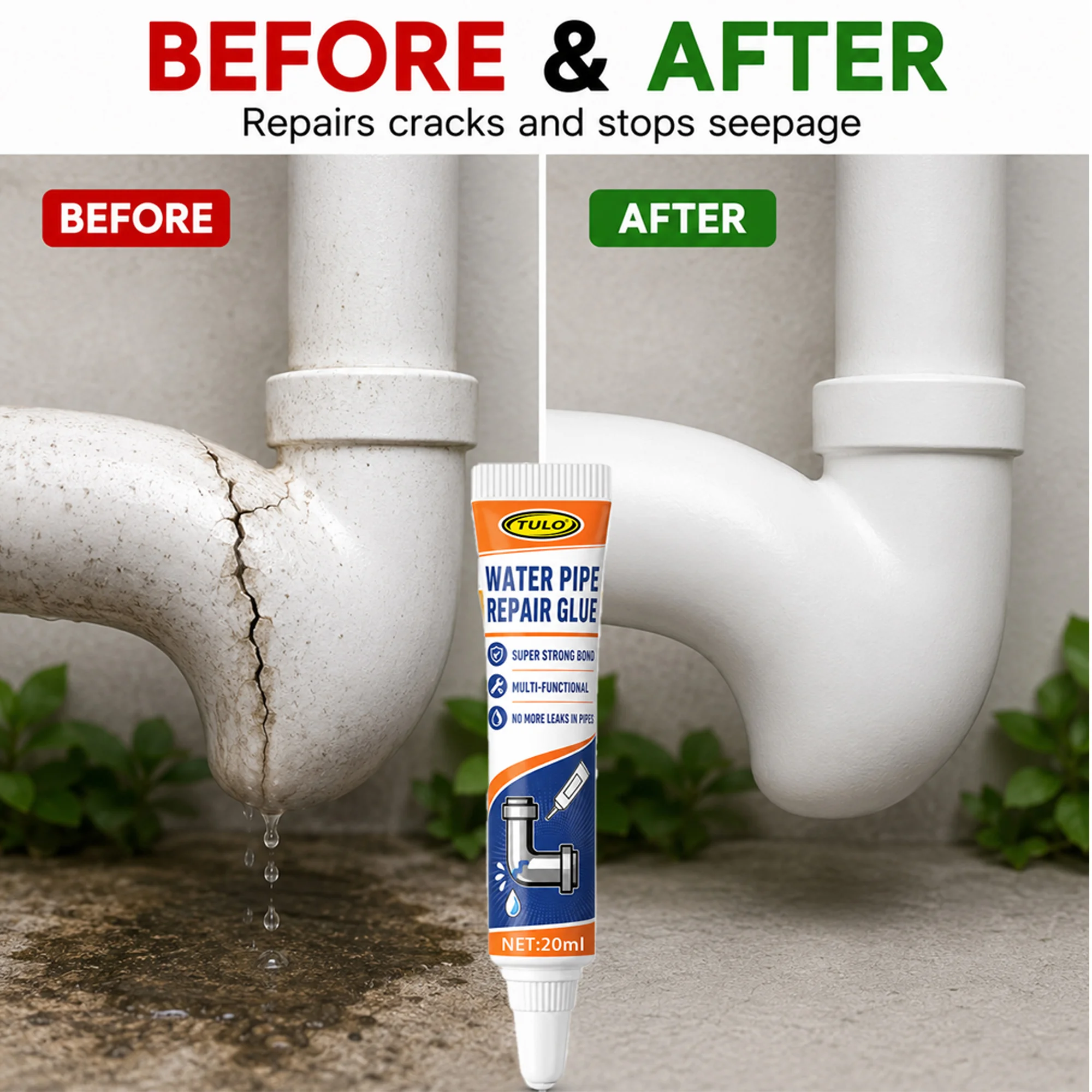 Water Pipe Leak Repair Glue, Seals Cracks & Joint Leaks Fast, Strong Waterproof Anti-Leak for Plastic Pipes, Easy No-Tool Use