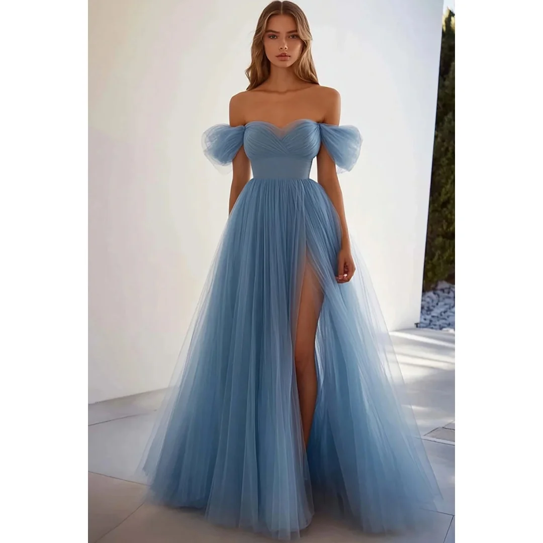 

Off the Shoulder Blue Prom Dresses with Slit Tulle robes de soirée Chic Wedding Party Dress Customized Formal Occasion Gown