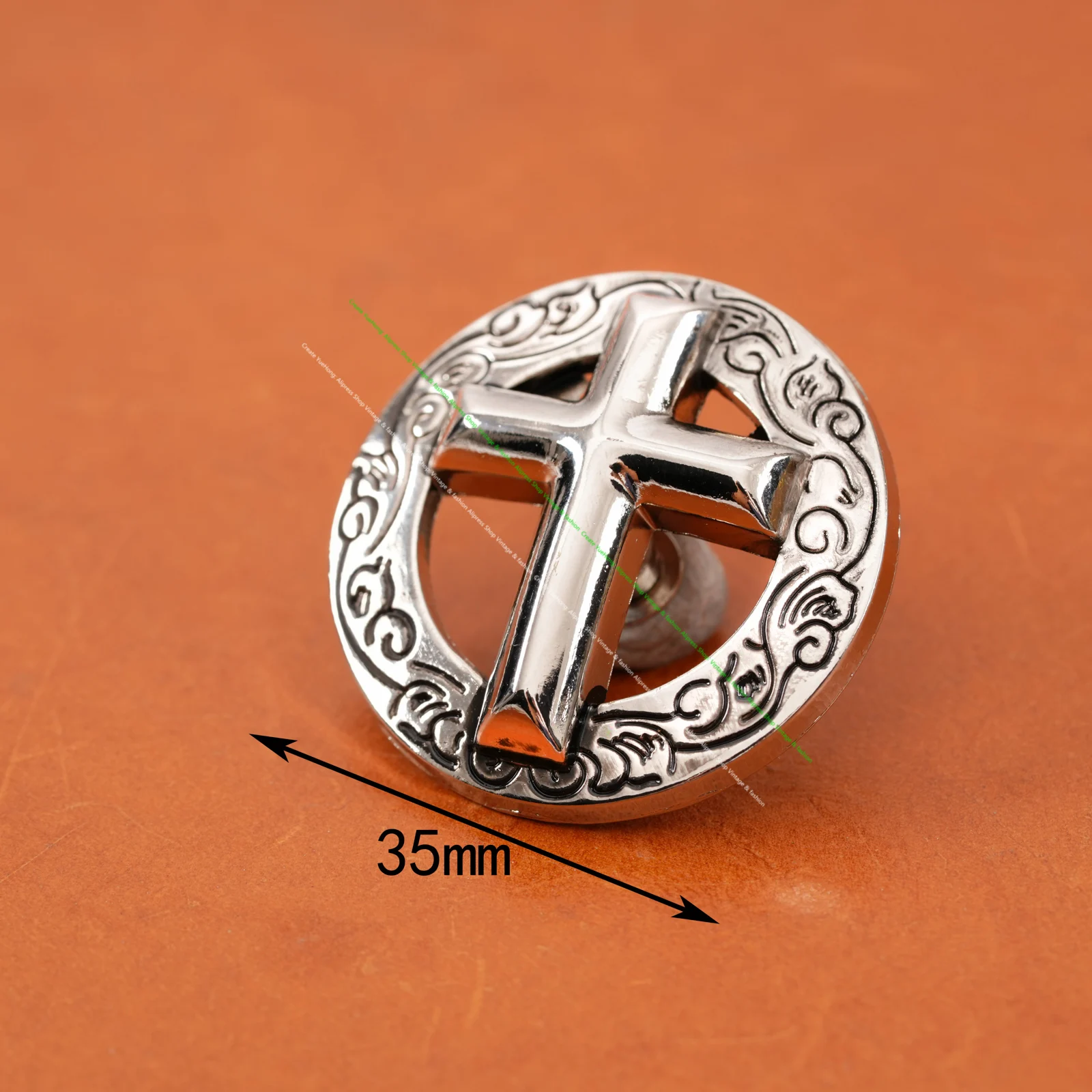 10PC 35MM Western Nickle Silver Cross Engraved Edge Saddles Decor Conchos Screwback