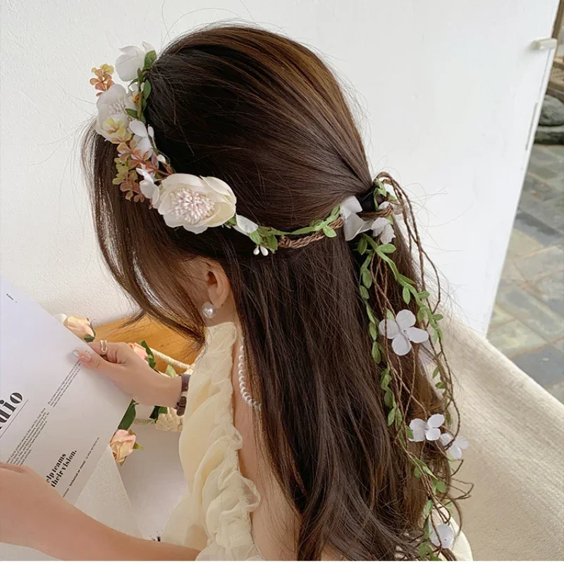 2024 Bohemia Fringed Vines Flower Hair Crown Bride Wedding Headband Hair Band Women Flower Wreaths Garland Hair Accessories