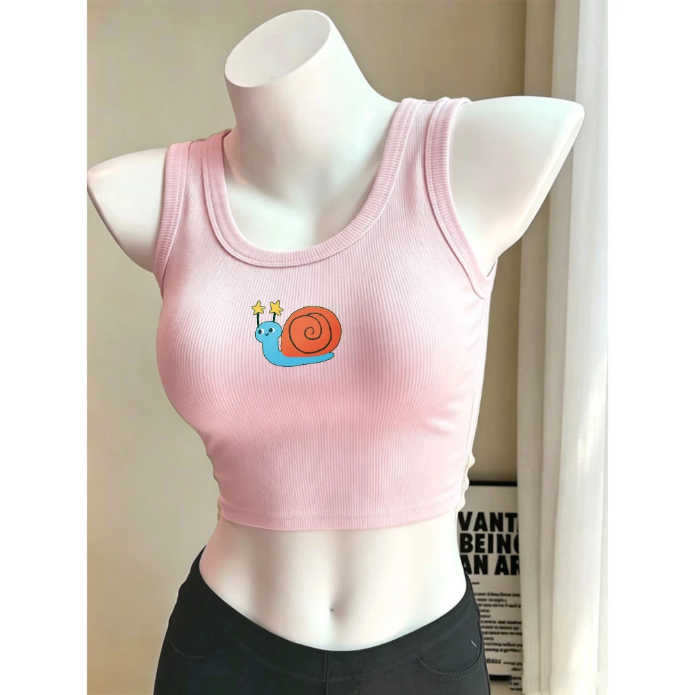 Cartoon Star Antenna Snail Graffiti Y2K Camisole Ribbed Tank Top Slim Crop Top Sleeveless High Neck Cropped Cami Casual Vest Tee