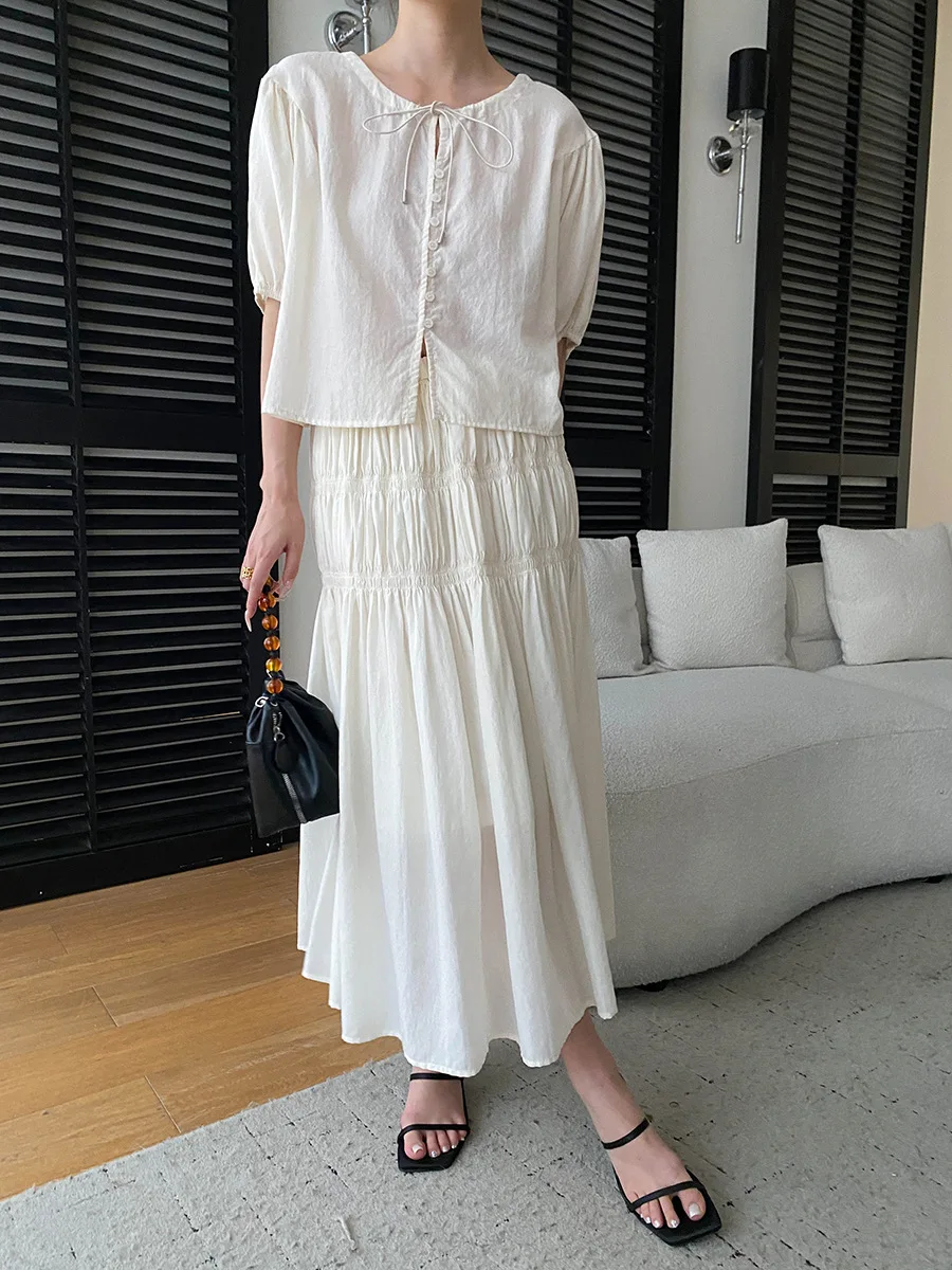 

Summer women's casual solid color French lace up short sleeved shirt pleated elastic high waisted skirt set