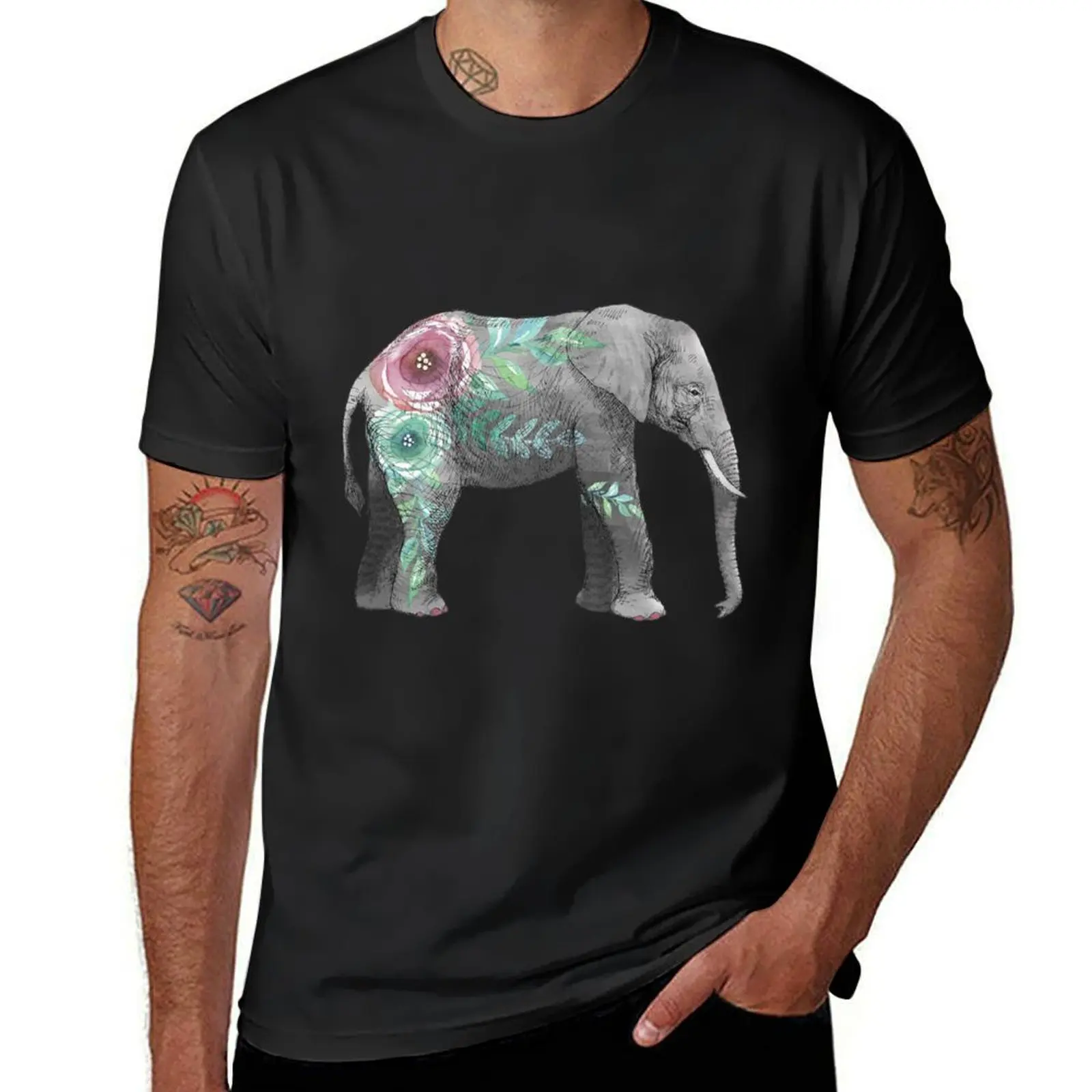 

Watercolor elephant with flowers T-Shirt Clothing valentines clothes cotton graphic tees customizeds men clothes