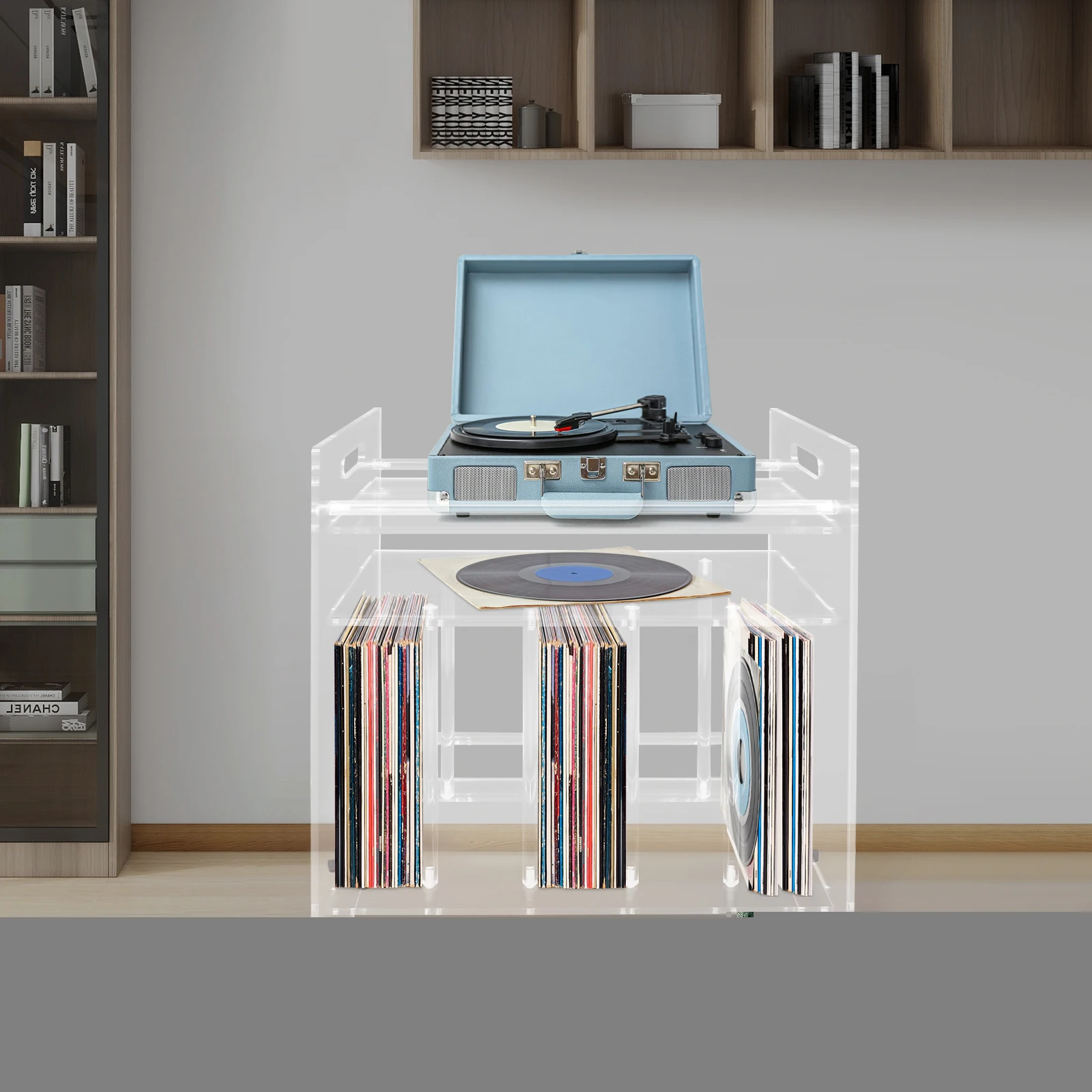 

Record Player Stand Table with Wheels Acrylic Record Storage Stand Clear Record Player Stand for Storing CD Players, Cds, Books