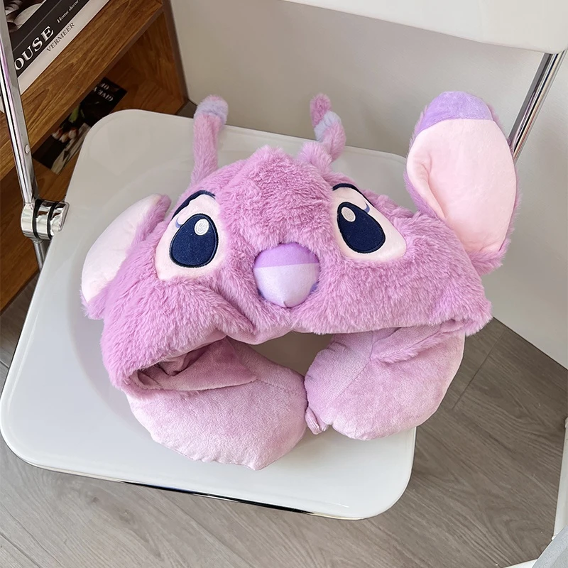 Cute Stitch Angel U-shaped Hooded Pillow Lovely Stuffed Anime Cartoon Neck Pillow Nap Travel Japanese Style Neck Pillow