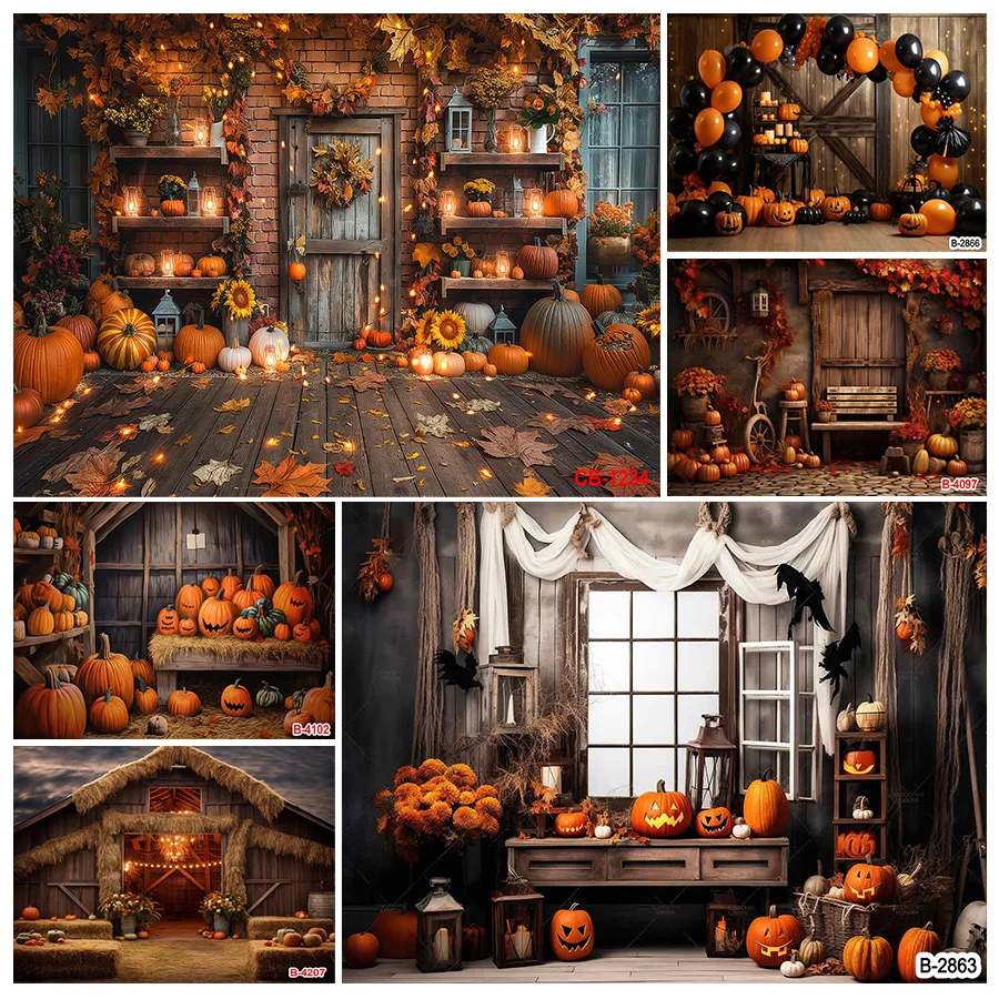 

Autumn Thanksgiving Photography Backdrop Fall Barn Wooden Door Harvest Background Pumpkin Baby Shower Portrait Photographic Prop