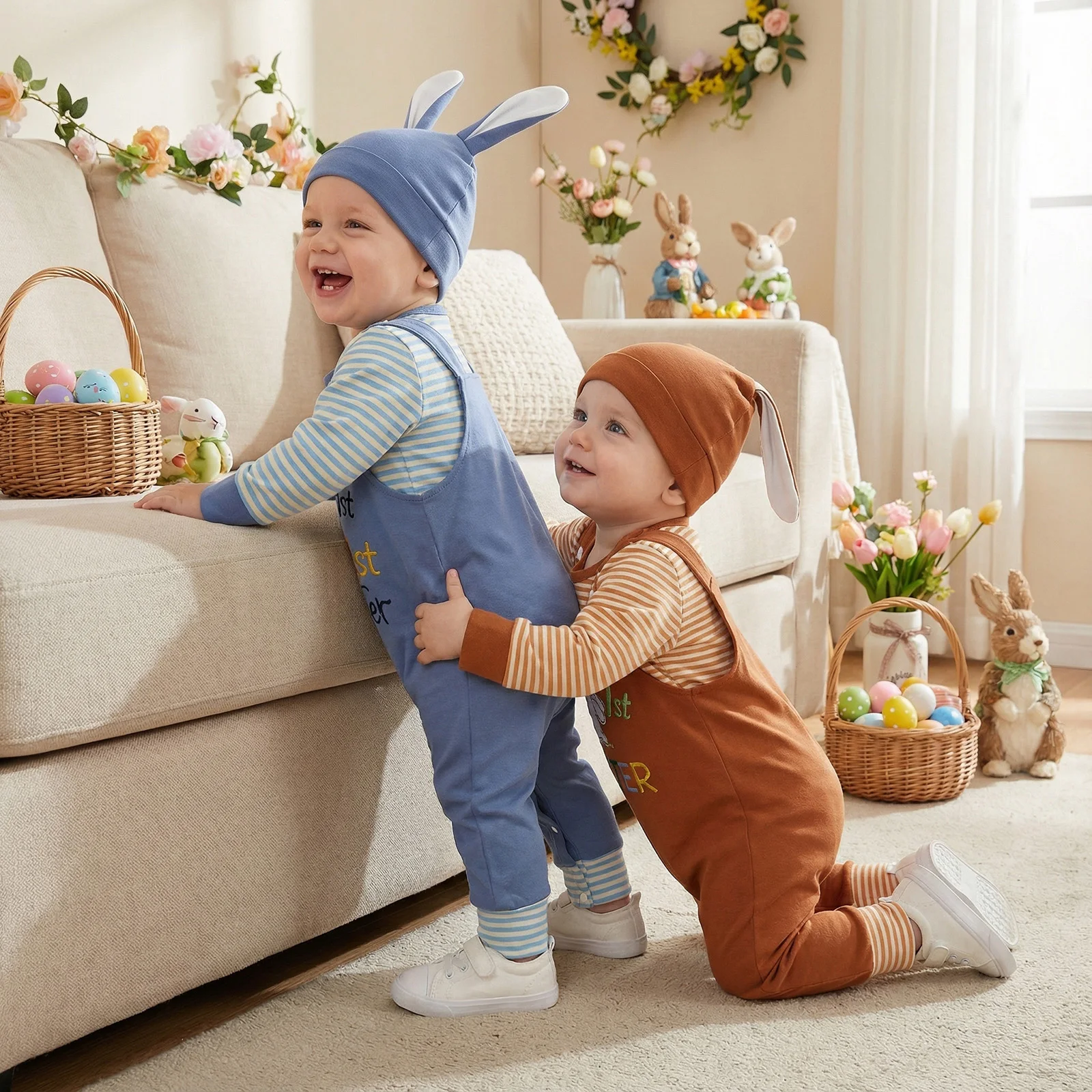 Baby Boy Easter Clothing Sets Fashionable Long Sleeve Striped Romper with Bunny Embroidery Overalls, Hat 3Pcs Outfits