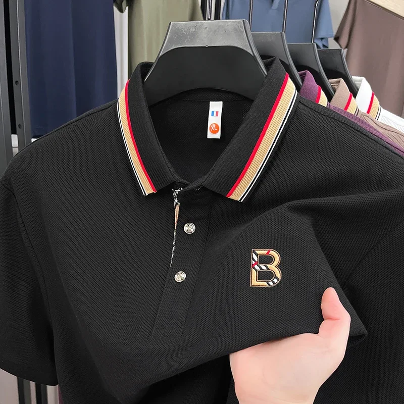 Men's 100% Cotton Short Sleeve Polo Shirt Summer Breathable B Letter Badge Versatile Casual Everyday Wear Tops