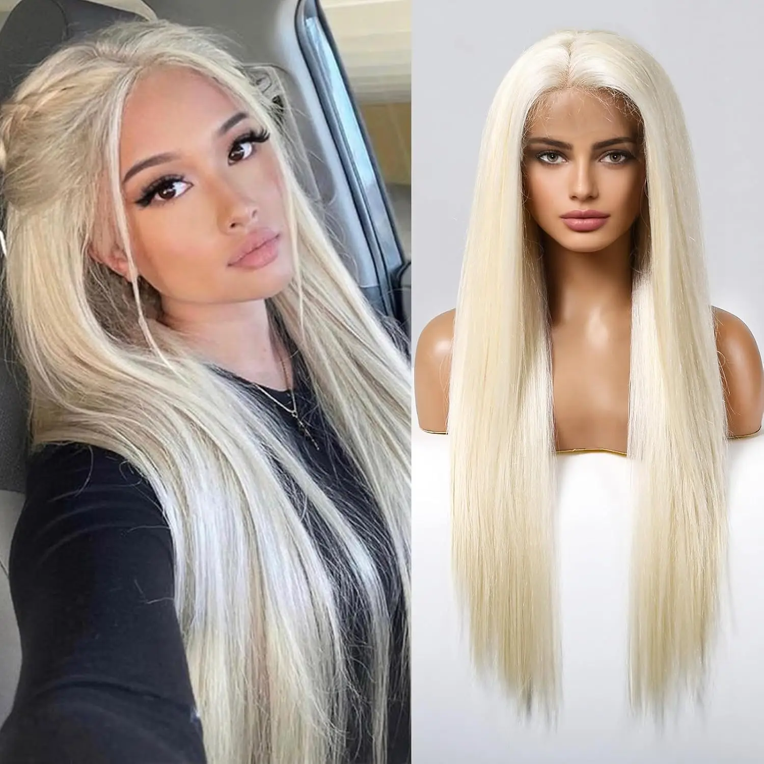 

DWY 613 Synthetic Lace Front Wig 28In Blonde 13×4 Lace Wigs for Women Long Straight Platinum Blonde Wig with Baby Hair Free Part