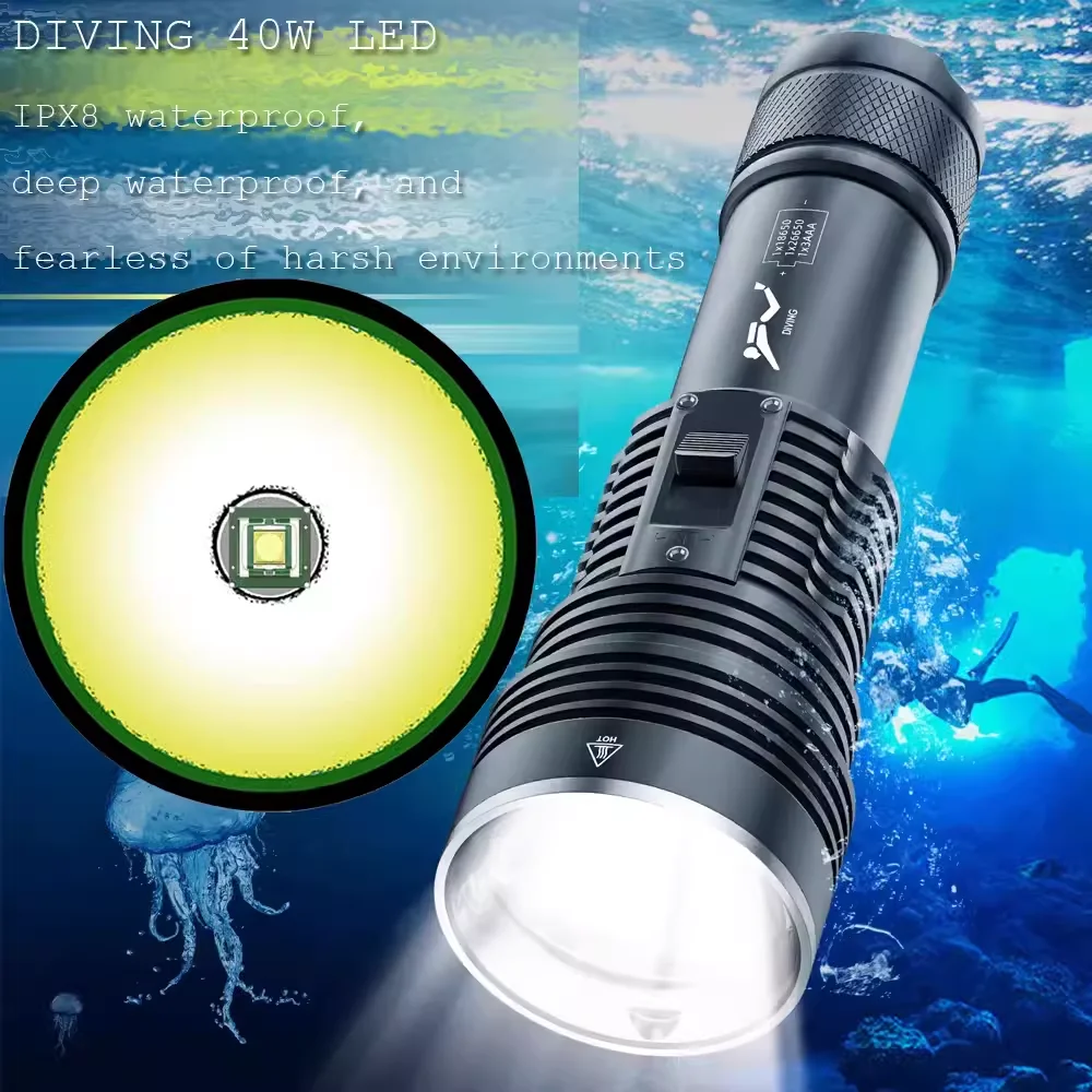 2000LM diving flashlight, waterproof flashlight, stepless dimming LED BT90, underwater lighting, suitable for deep sea caves