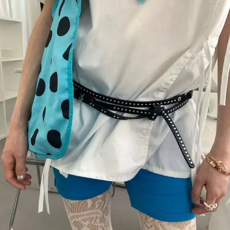 

Y2K Thin Belt Adjustable PU Leather Double Rivet Waist Chain Black White Red Belts Women Punk Retro Double Layer Rivet Belt