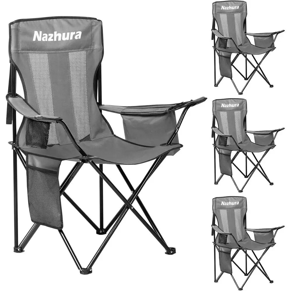Portable Folding Camping Chairs with Cooler Pocket, Mesh Back and Cup Holder (Grey, Metal, 4-Pack)