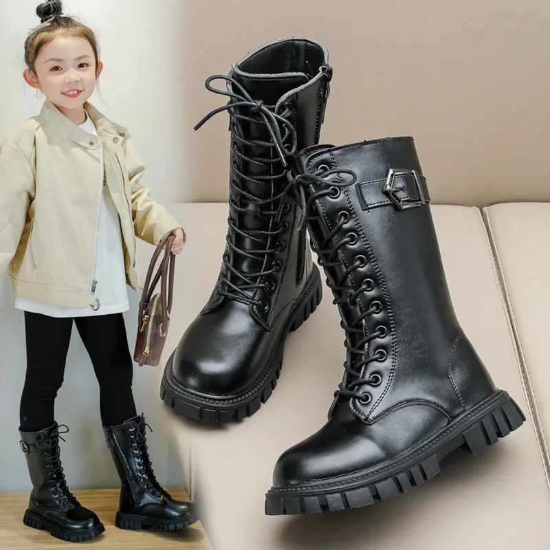 Children High Boots for Girls Versatile Solid Color Black Britain Style Elegant Princess Catwalk Boots Classic Buckle Casual PU