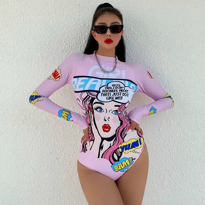 

Cartoon Jellyfish Suit Snorkeling Surfing Suit Quick Dry Bathing Bikini Women's One Piece Swimsuit Long Sleeved Sun Protection