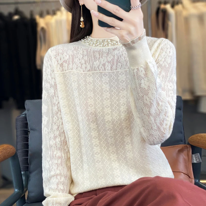 In summer, the new women\'s 100% pure woolen sweater knitted short sleeve casual loose female pearl collar loose fashion shirt.