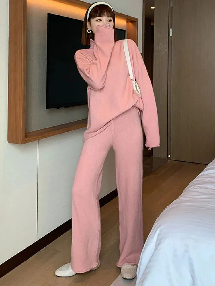 Spring Fall 2 Piece Sets Half High Collar Soft Pullovers Ensemble High Waist Wide Leg Pant Suits Knit Solid Color Conjuntos