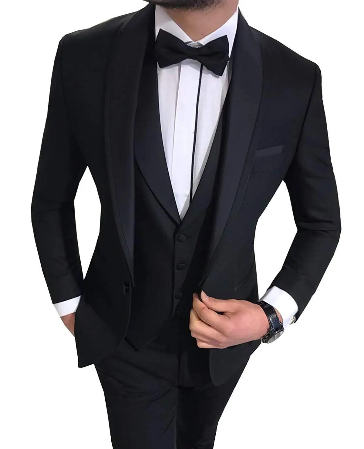 

White Slit Mens Suits 3 Piece Black Shawl Lapel Casual Groom Tuxedos for Wedding Groomsmen Suits Men 2026 (Blazer+Vest+Pant)