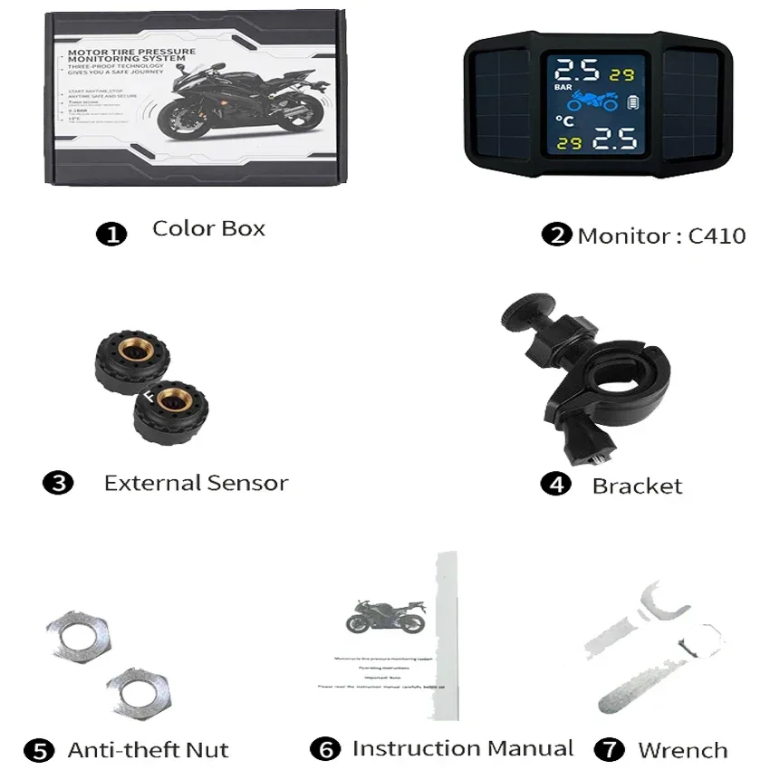 2wheels Bicycle Bike Motorcycle Tire Pressure Monitoring System TPMS with Solar External Sensor