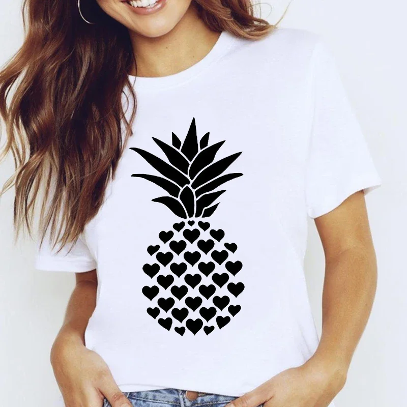 Y2k Short Sleeves Sunmmer T Shirt Women Graphic Pineapple Beach Fashion 90s Summer Print Cotton Tee Lady Vacation Tops