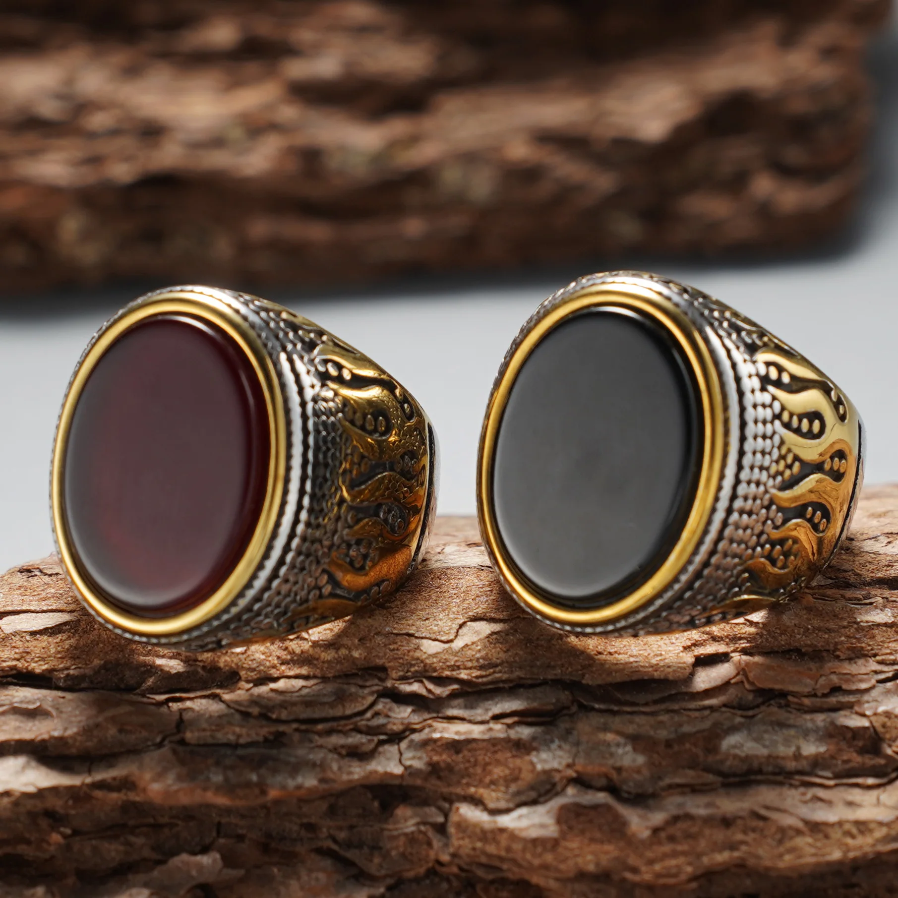 Herren Vintage 316L Edelstahl Zweifarbiger Ring, Eingelegt mit Tigerauge, Temp-Stein, Rotem Achat und Schwarzem Achat, für Tägliches Tragen und als Geschenk – Detail 3