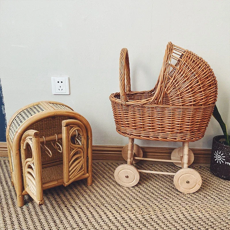 Vintage Rattan Doll Stroller – Woven Nursery Storage Basket & Pretend Play Pushcart for Kids and Photo Props