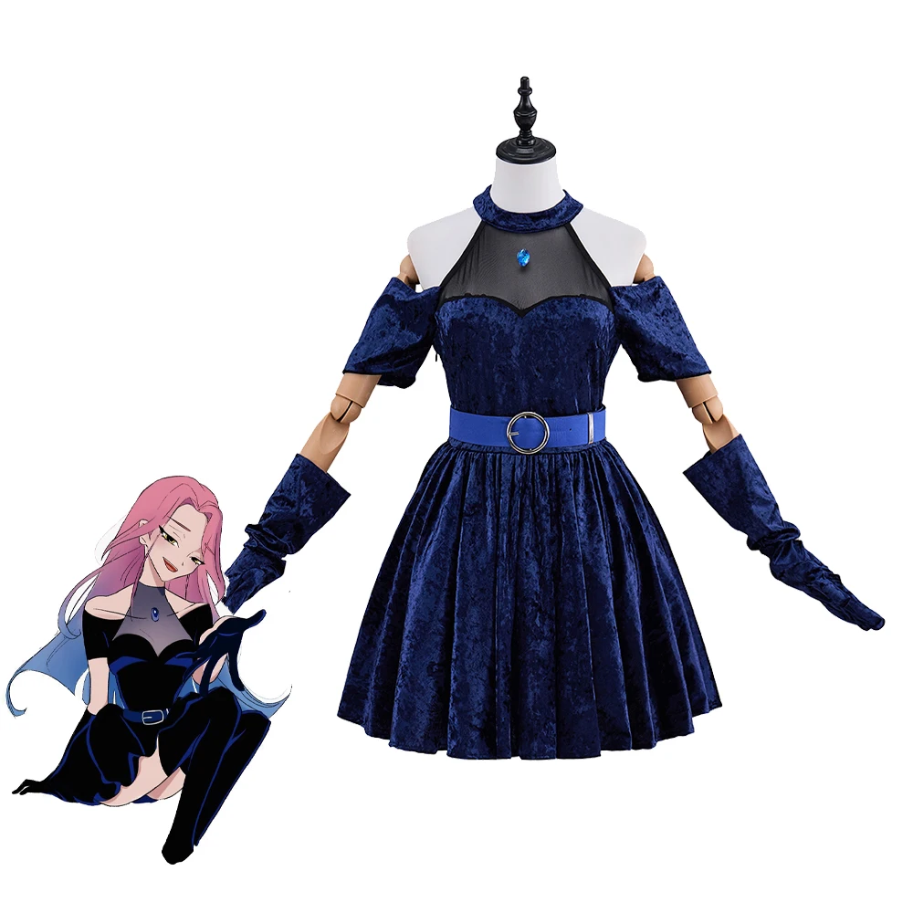 

Anime Alien Stage Mizi Cosplay Costume Dark Blue Velvet Dress Gloves Belt Full Set Uniform Adult Women Halloween Party Outfit