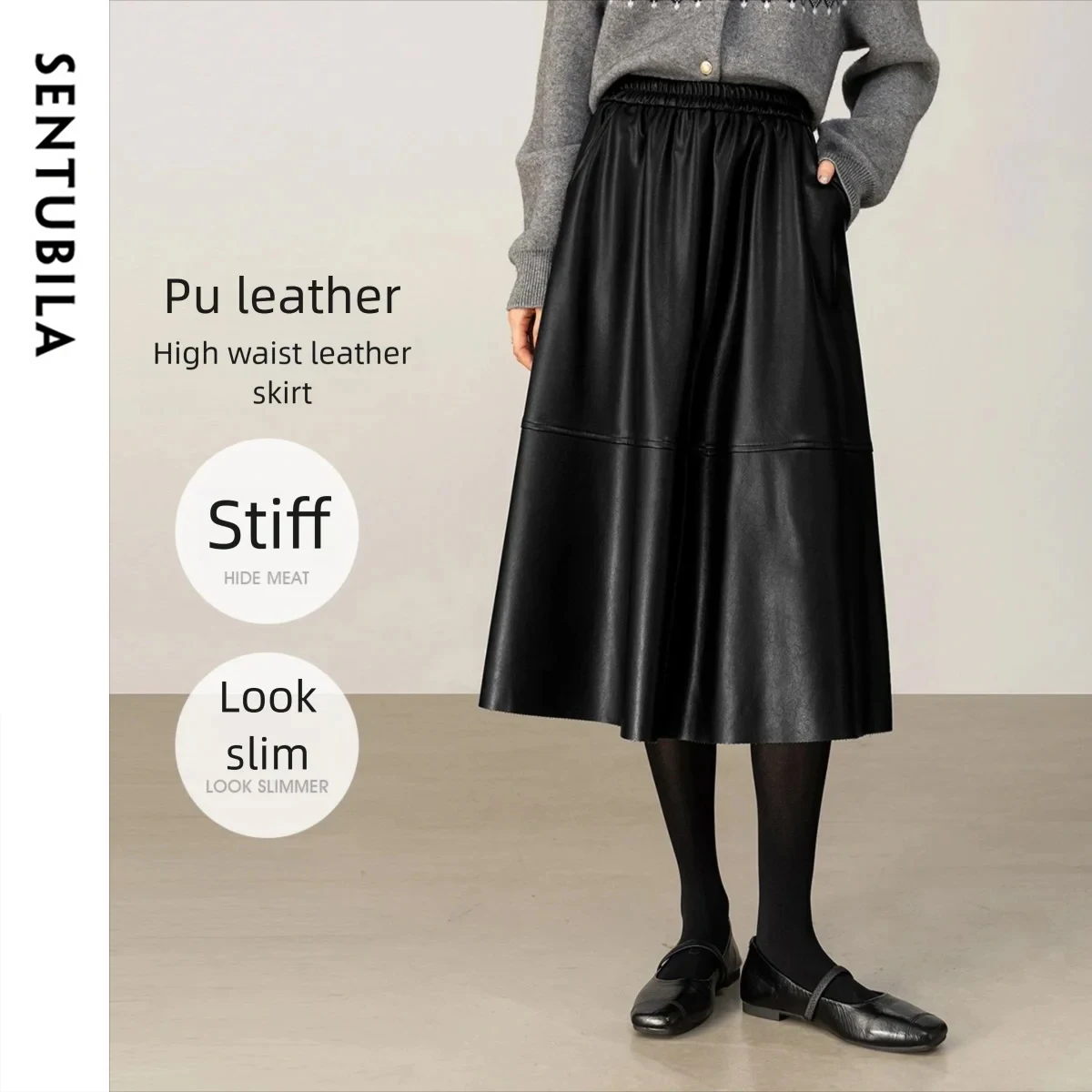 

SENTUBILA PU Leather Skirt for Woman 2025 Winter Elastic High Waist Skirt Women's Elegant Fashion A-Line Solid Clothes 154QO3800