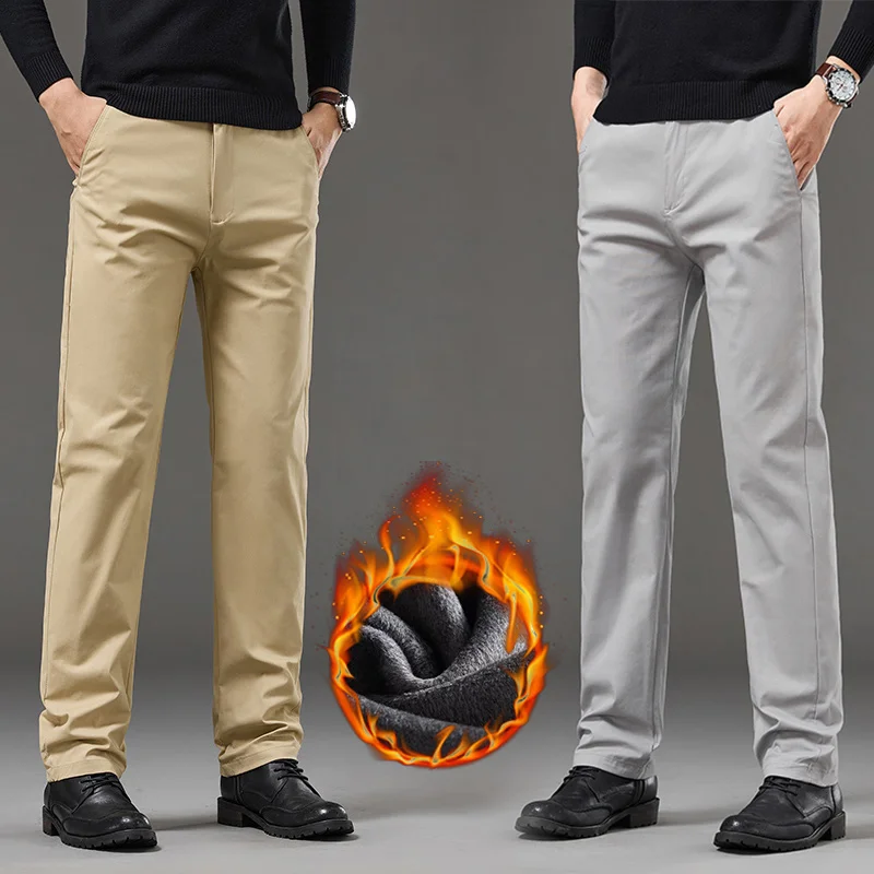 

Зимние теплые флисовые повседневные брюки мужские деловые прямые рабочие флокированные плюшевые утолщенные хаки светло-серые деловые брюки мужские