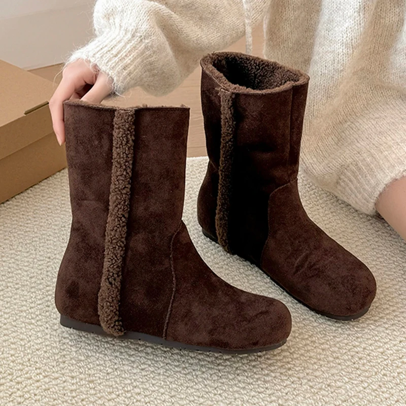 

Зимние сапоги, женские дизайнерские меховые туфли на плоской подошве, замшевая теплая обувь, модные женские ботильоны 2025 года, повседневные брендовые уютные прогулочные ботинки Mujer Botas