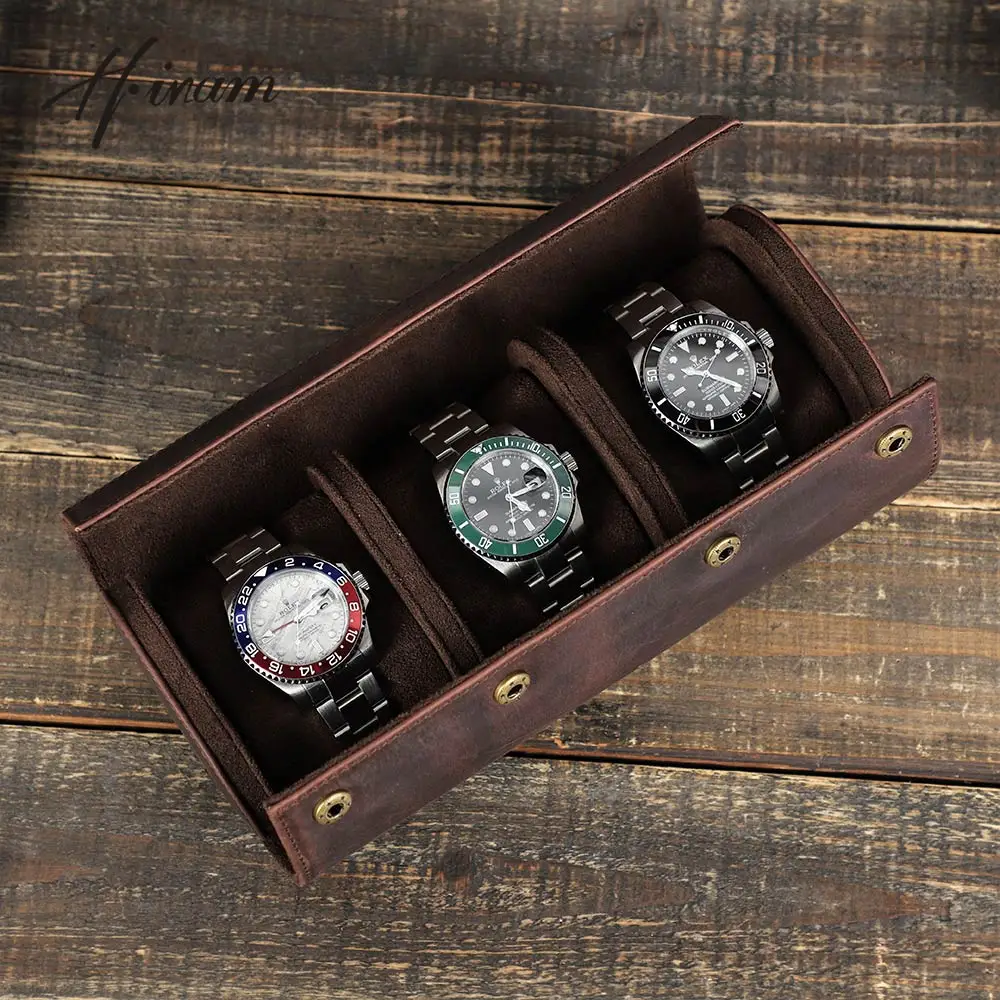 Retro Genuine Leather Watch men Luxury 3 /2/1 Slot Watch Roll Travel Case Storage Organizer & Display Handmade Jewelry  Box Gift