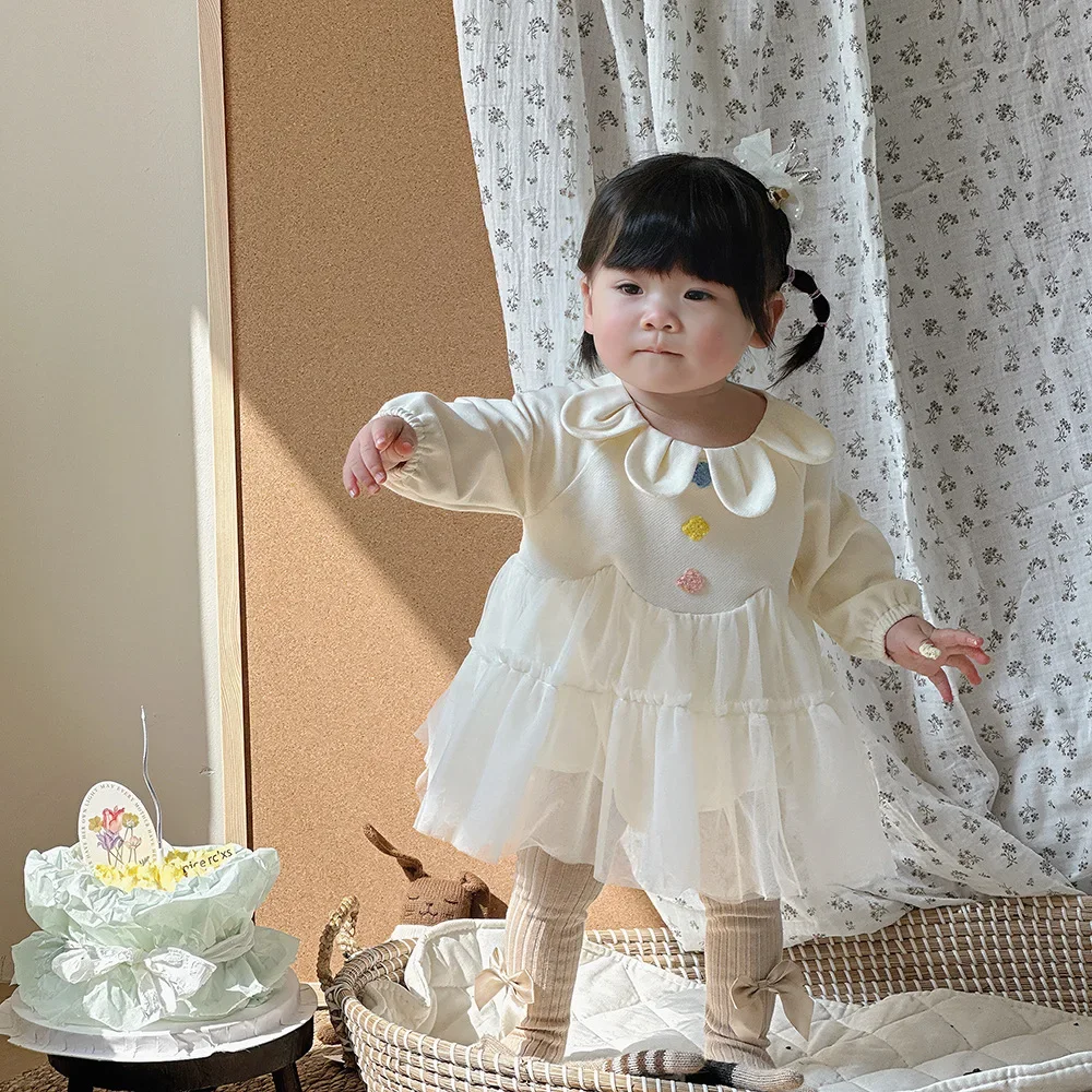 

Baby Clothes Autumn 2024 Girl Collar Gauze Cute Princess Solid Color Casual Simple Fashionable Long Sleeve Girls Dress