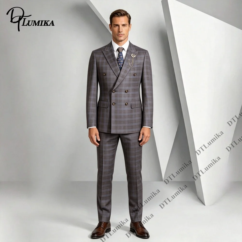 Plaid Double Breasted Men Suit 2 Pieces Blazer Pants Formal Business Suit Set Slim Fitting Office Interview Party Prom Tuxedo