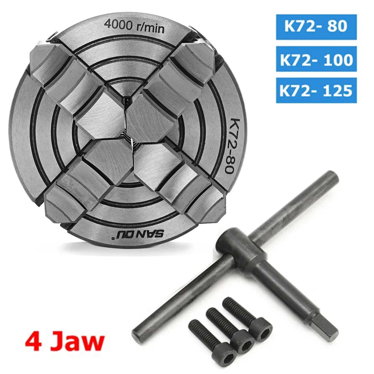 

4 Jaw Lathe Chuck 80mm/100mm/125mm Independent 1pcs Safety Chuck Key 3pcs Mounting Bolt K72- 80/K72- 100/K72- 125