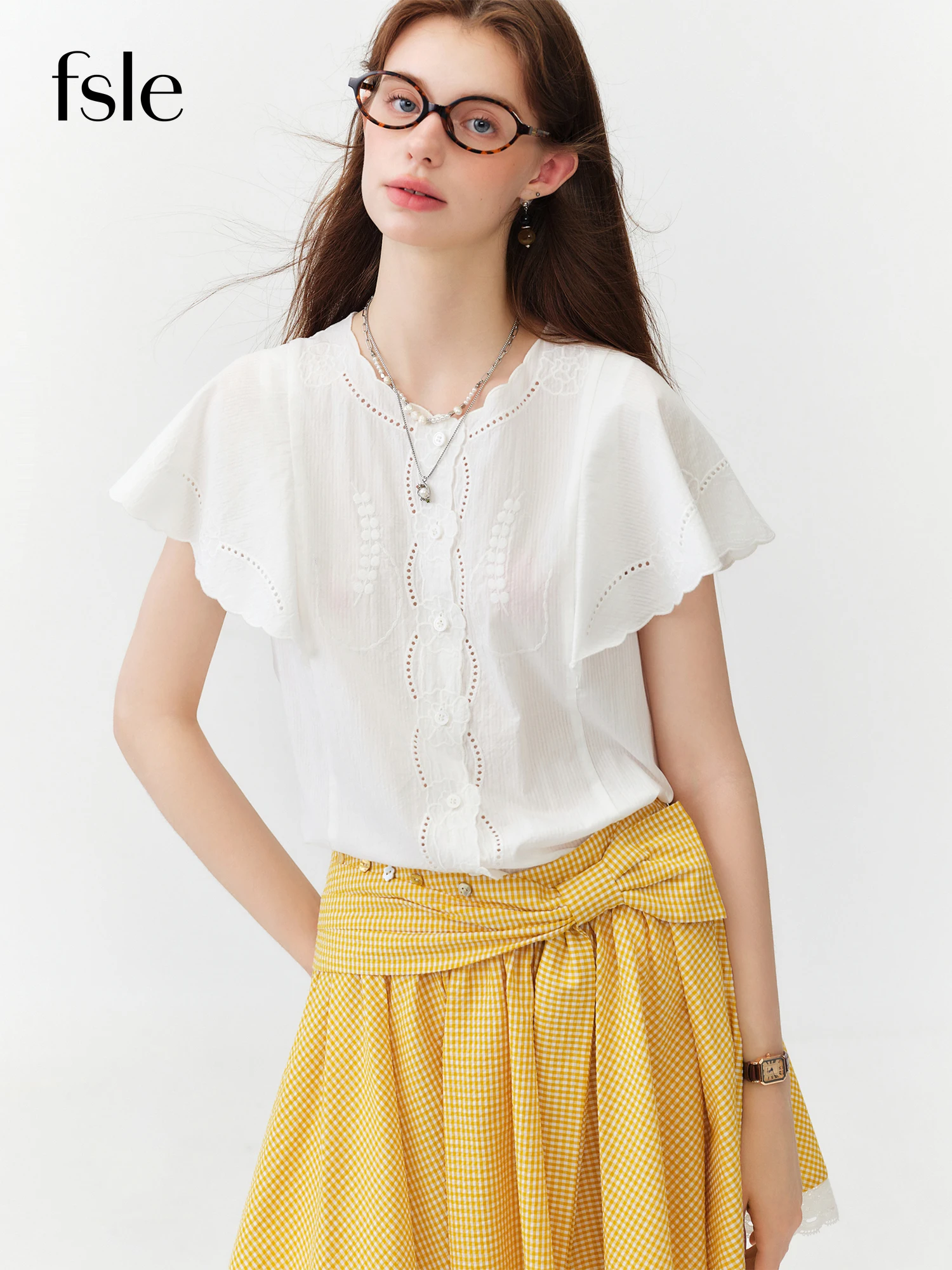 

FSLE French Vintage Blouse Round Neck Hollow Out Embroidery Flutter Sleeve 100% Cotton Slim Fit Casual Office Tops for Women